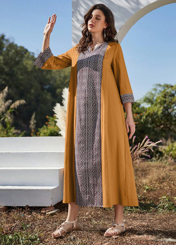 Желтое кэжуал платье оверсайз SHEIN с орнаментом