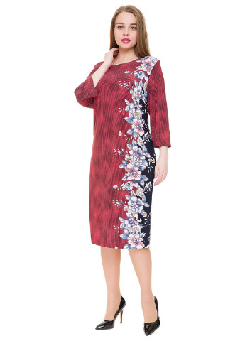 Бордовое кэжуал платье с длинным рукавом Alenka Plus с цветочным принтом