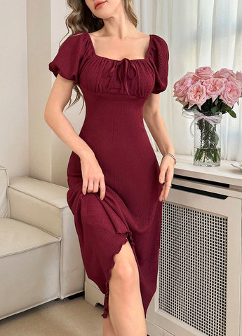 Бордовое домашнее платье с открытыми плечами SHEIN однотонное