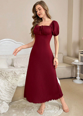 Бордовое домашнее платье с открытыми плечами SHEIN однотонное