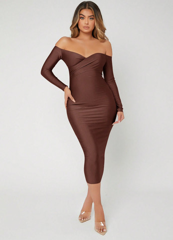 Коричнева коктейльна сукня з відкритими плечима, силуетна SHEIN однотонна