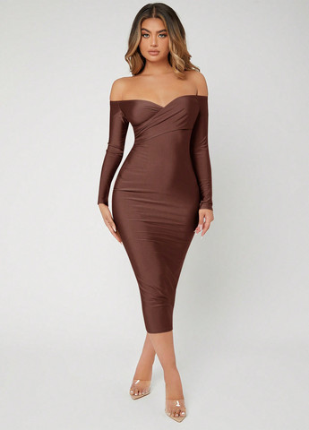 Коричнева коктейльна сукня з відкритими плечима, силуетна SHEIN однотонна