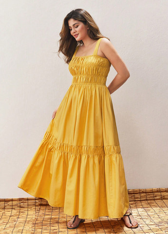 Жовтий кежуал сукня з спідницею-сонце, в стилі армпір, з відкритою спиною SHEIN однотонна