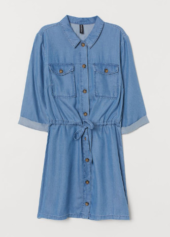 Темно-голубое джинсовое платье рубашка H&M однотонное