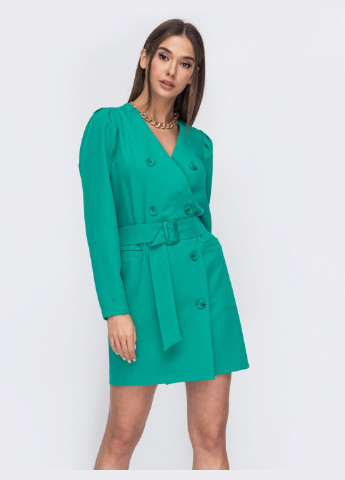Зеленое деловое платье-пиджак бирюзового цвета с широким поясом Dressa однотонное