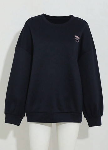 Темно-синий свитшот SHEIN надпись без декора (325077811)