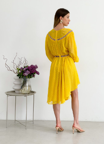 Жовтий святковий жовта шифонова міді сукня з довгими рукавами кльош, з пишною спідницею Finders Keepers однотонна