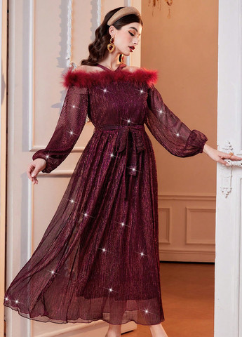 Бордова вечірня сукня з відкритими плечима SHEIN однотонна