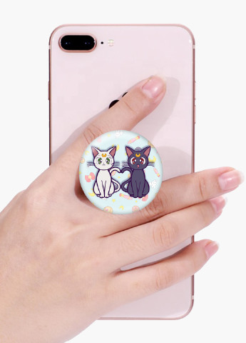Попсокет (Popsockets) тримач для смартфону Місяць Кішки Сейлор Мун (anime Sailor Moon Cats) (8754-2849) Чорний MobiPrint (221548575)
