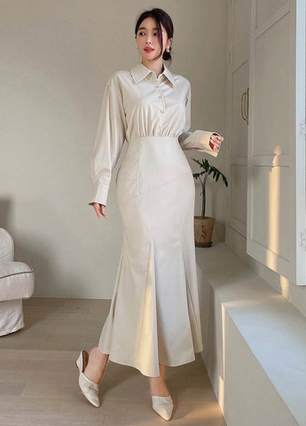 Сіро-бежева кежуал сукня годе, сукня-сорочка, плісована SHEIN однотонна