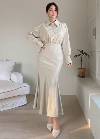 Сіро-бежева кежуал сукня годе, сукня-сорочка, плісована SHEIN однотонна