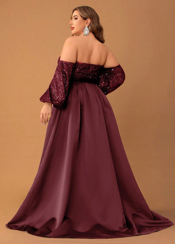 Бордовое вечернее, праздничный платье с открытыми плечами, со шлейфом SHEIN однотонное