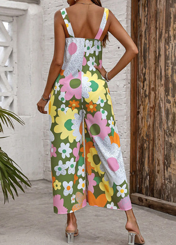 Комбінезон SHEIN комбінезон-брюки квітковий зелений кежуал поліестер