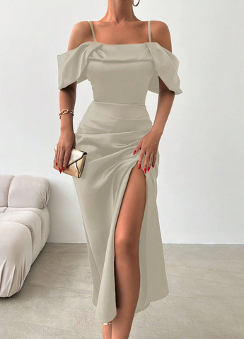 Сіро-бежева вечірня сукня з відкритими плечима SHEIN однотонна