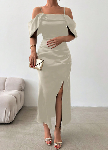 Сіро-бежева вечірня сукня з відкритими плечима SHEIN однотонна