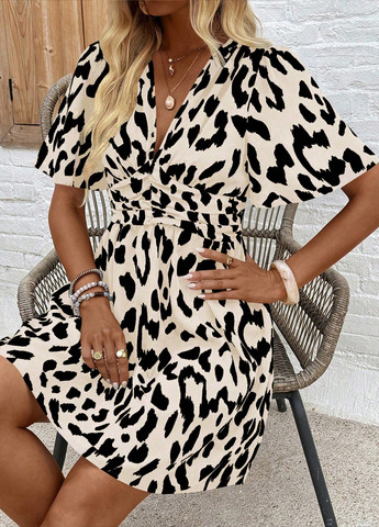 Кремовое праздничный, кэжуал платье клеш, а-силуэт SHEIN леопардовый