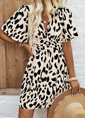 Кремовое праздничный, кэжуал платье клеш, а-силуэт SHEIN леопардовый