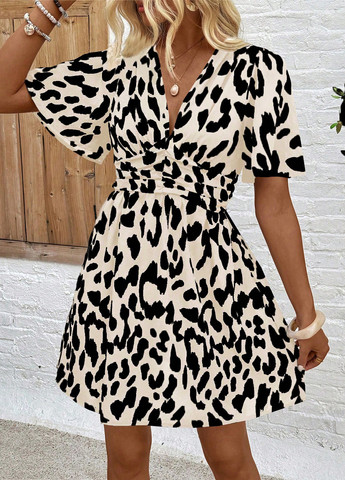 Кремовое праздничный, кэжуал платье клеш, а-силуэт SHEIN леопардовый