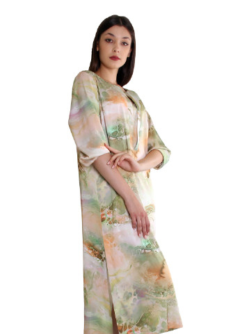 Комбинированное кэжуал ровное платье из шелка с абстракрныйм принтом . производство украина. Anna Dali с абстрактным узором