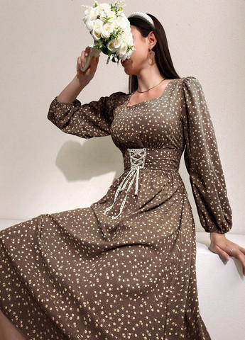 Темно-бежева кежуал сукня кльош SHEIN з квітковим принтом