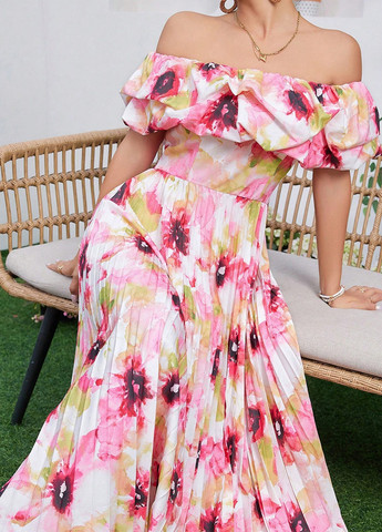 Комбинированное кэжуал платье с открытыми плечами, плиссированное SHEIN с цветочным принтом