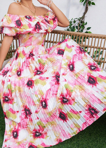 Комбинированное кэжуал платье с открытыми плечами, плиссированное SHEIN с цветочным принтом