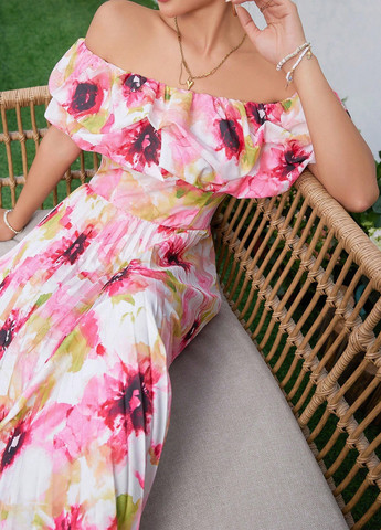 Комбинированное кэжуал платье с открытыми плечами, плиссированное SHEIN с цветочным принтом