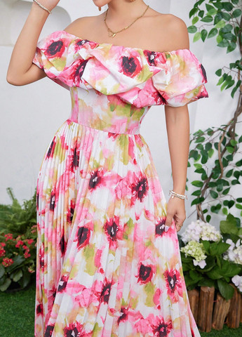 Комбинированное кэжуал платье с открытыми плечами, плиссированное SHEIN с цветочным принтом