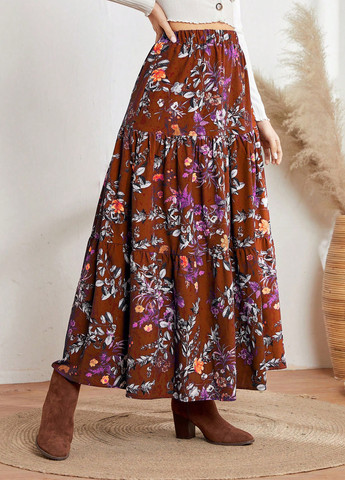 Коричневая кэжуал цветочной расцветки юбка SHEIN