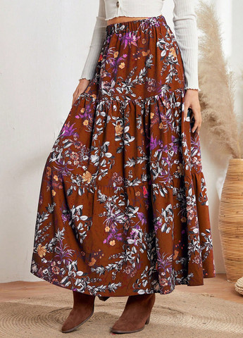 Коричневая кэжуал цветочной расцветки юбка SHEIN