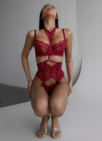 Бордовий демісезонний комплект (бюстгальтер, труси, пояс, підв’язки, чокер) No Brand