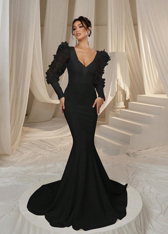 Чорна вечірня сукня годе SHEIN однотонна