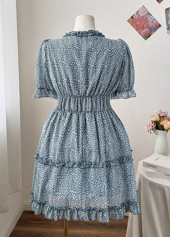 Серо-голубое кэжуал платье а-силуэт SHEIN с животным (анималистичным) принтом