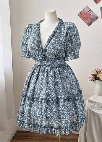 Серо-голубое кэжуал платье а-силуэт SHEIN с животным (анималистичным) принтом