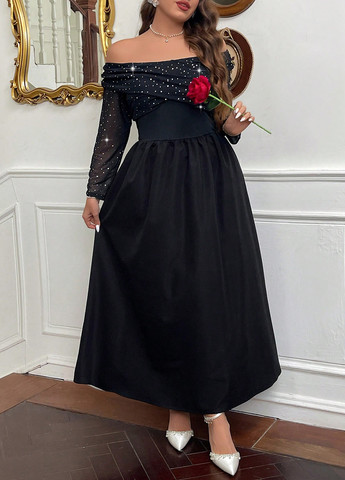 Черное праздничный, вечернее платье клеш, а-силуэт, с открытой спиной SHEIN однотонное