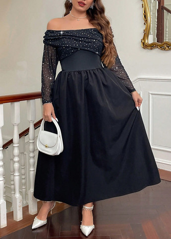 Черное праздничный, вечернее платье клеш, а-силуэт, с открытой спиной SHEIN однотонное