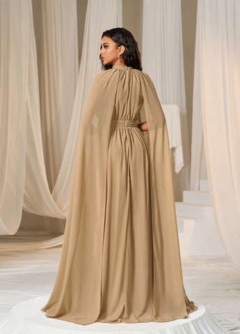 Темно-бежева вечірня сукня з спідницею-сонце, сукня-кейп SHEIN однотонна