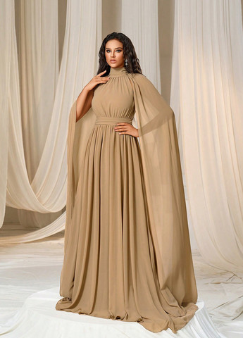 Темно-бежева вечірня сукня з спідницею-сонце, сукня-кейп SHEIN однотонна