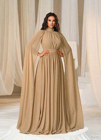 Темно-бежева вечірня сукня з спідницею-сонце, сукня-кейп SHEIN однотонна
