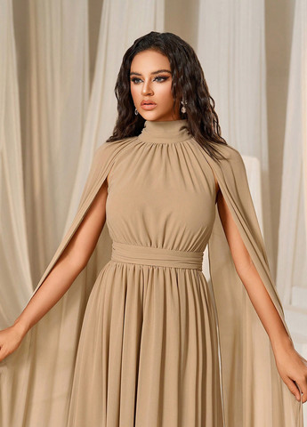 Темно-бежева вечірня сукня з спідницею-сонце, сукня-кейп SHEIN однотонна