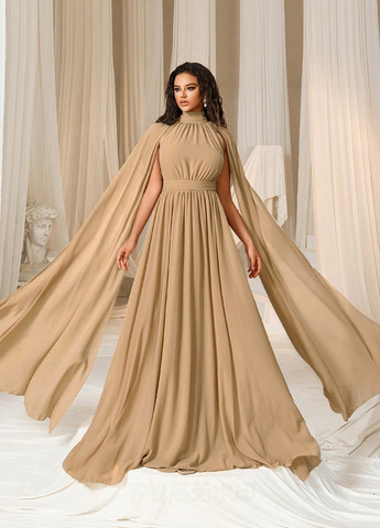 Темно-бежева вечірня сукня з спідницею-сонце, сукня-кейп SHEIN однотонна