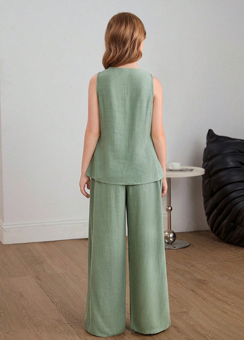 Светло-зеленый летний костюм (блуза, брюки) SHEIN