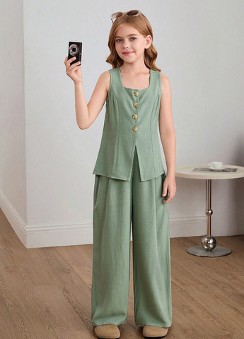 Светло-зеленый летний костюм (блуза, брюки) SHEIN