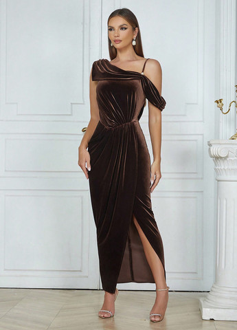 Темно-коричнева вечірня сукня футляр, на одне плече SHEIN однотонна