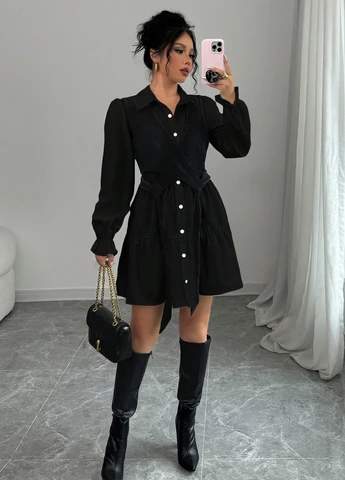 Чорна кежуал сукня кльош, сукня-сорочка SHEIN однотонна