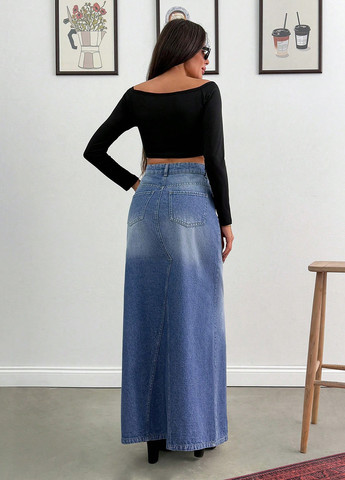 Синяя джинсовая, кэжуал однотонная юбка SHEIN а-силуэта (трапеция)