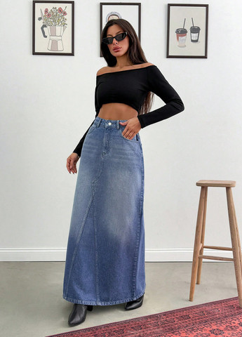 Синяя джинсовая, кэжуал однотонная юбка SHEIN а-силуэта (трапеция)