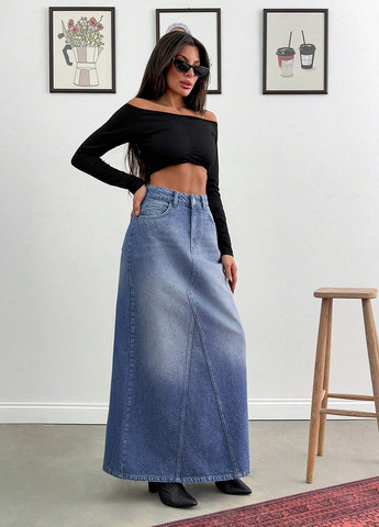 Синяя джинсовая, кэжуал однотонная юбка SHEIN а-силуэта (трапеция)