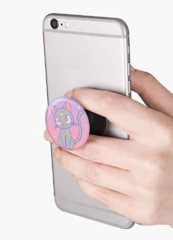 Попсокет (Popsockets) тримач для смартфону Місяць Кішка Сейлор Мун (anime Sailor Moon Cats) (8754-2920) Чорний MobiPrint (229014792)