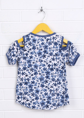 Синяя цветочной расцветки блузка с коротким рукавом Клим летняя